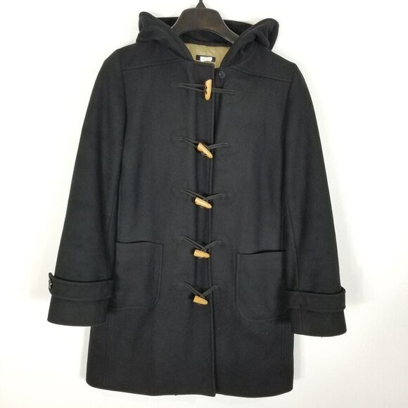 J.Crew Women Wool Blend Duffle Coat Size S Black Hooded Button Up Trench Jacket - Picture 1 of 8